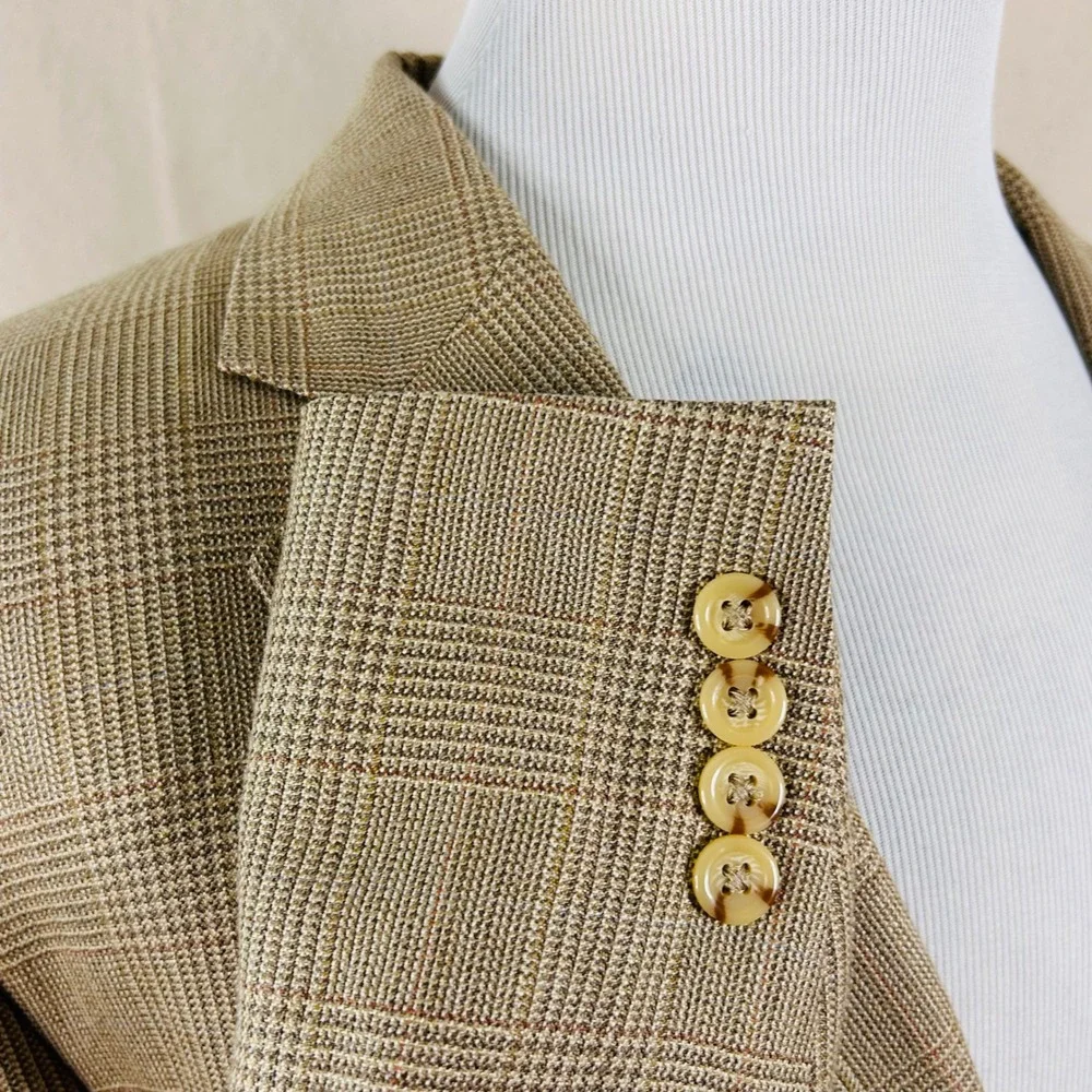 Jos. A. Bank 42S Sport Coat Silk Wool Beige Glen Plaid Two Button Lined Vented